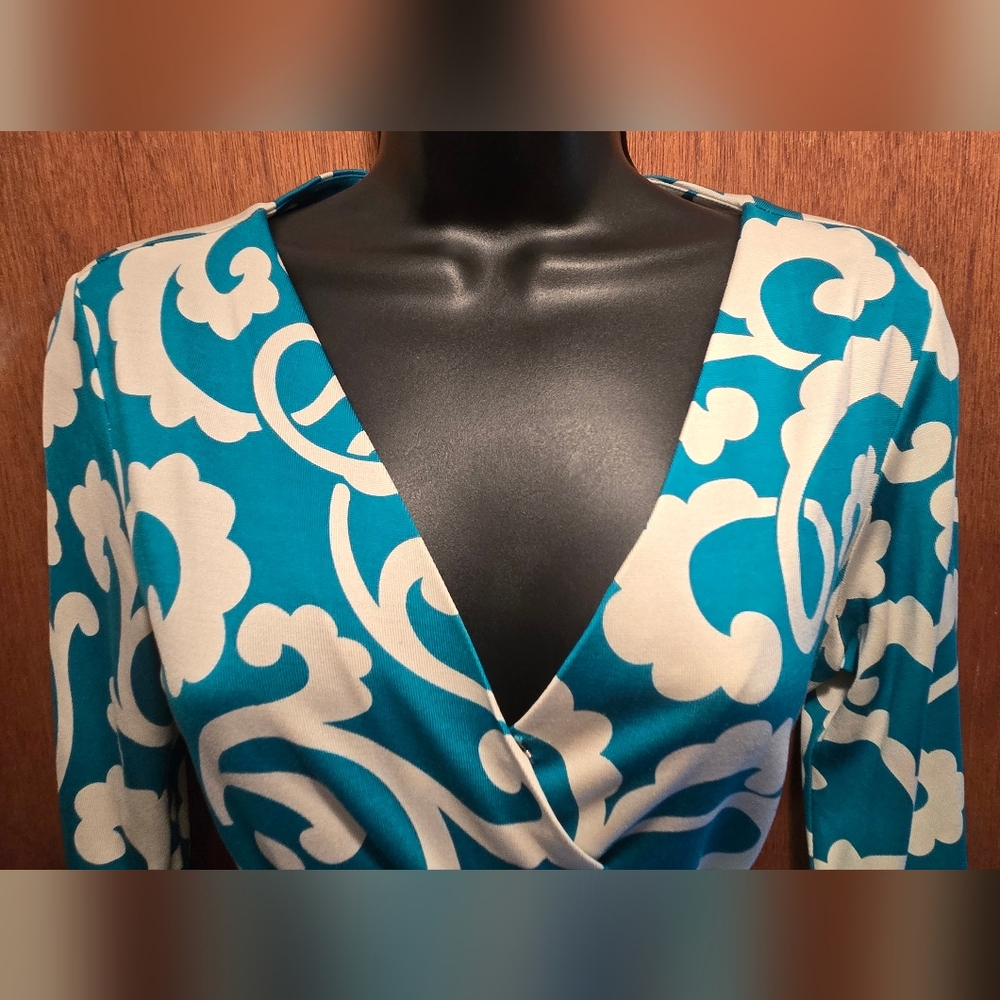 HOST PICK 🎉🎊Diane Von Furstenberg Teal&White Midi Vintage Wrap 1974 Dress Sz10 - Picture 4 of 10